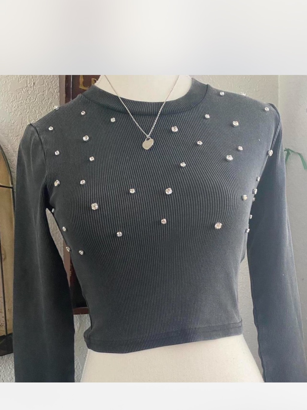 Zara rhinestone Embellished Ribbed Long-Sleeve Crop Top - Dark grey